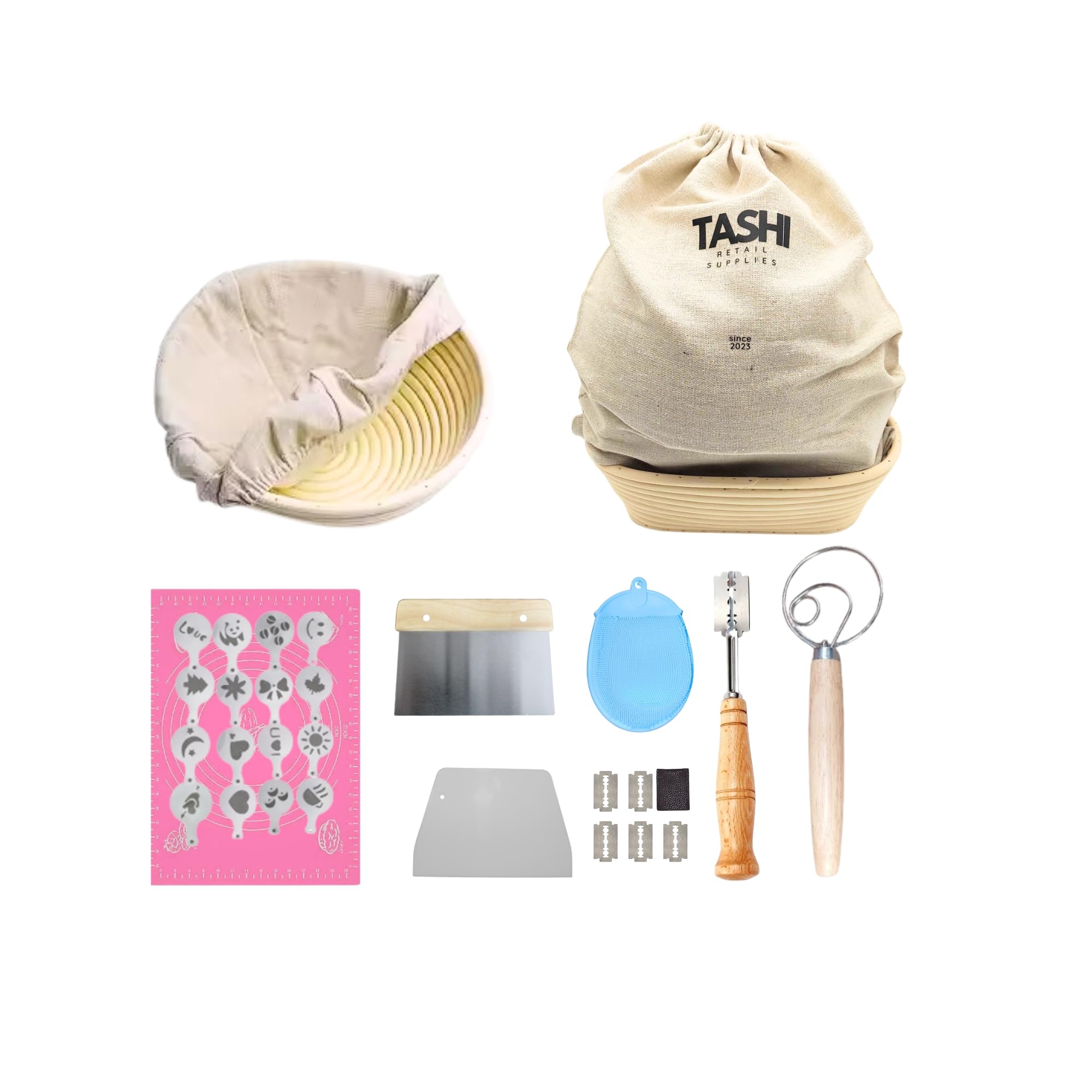 Photo 1 of Tashi Banneton Bread Proofing Basket Set – 9" Round & 10" Oval Rattan Baskets | Ultimate Sourdough Bread Making Kit with Dough Scrapers, Linen Liners, and Essential Baking Tools
