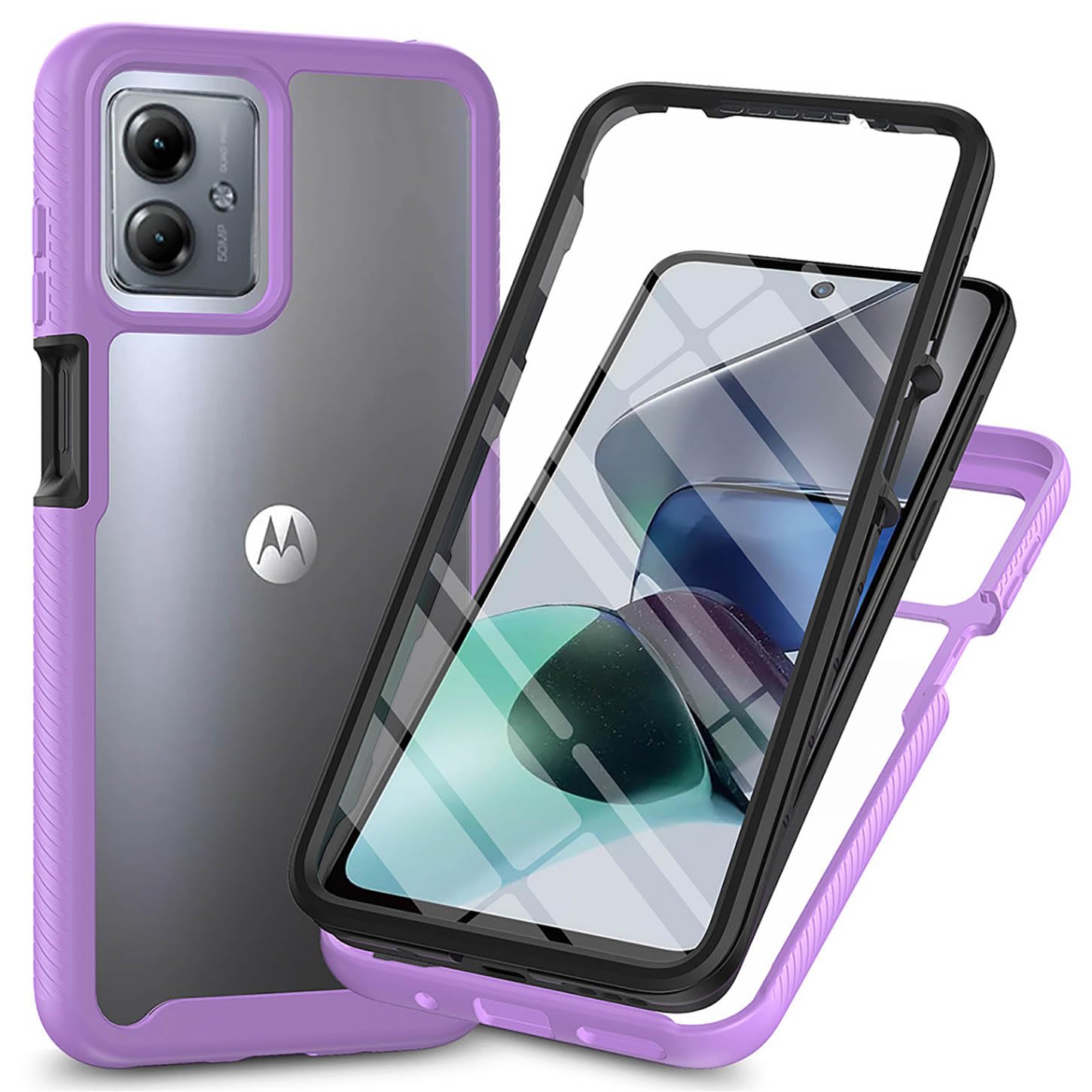 ILING Trasparente Case for Motorola Moto G54 5G, 360° Full Body Protection Cover with Built-in Screen Protector, Shockproof Hard PC + Silicone TPU Bumper Case Cover (Light Purple)