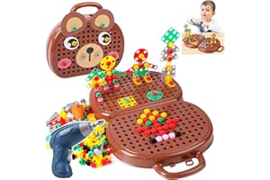 DAIOAI Magic Montessori Play Toolbox Bear, Thrsday Creative Tool Box, Montessori Play Toolbox with Drill, Mosaic Puzzle Toy with Electric Drill Screw Tool Set for Kids Ages 3-12 Years Old (Brown)