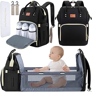 DEBUG Baby Diaper Bag Backpack with Changing Station Diaper Bags for Baby Bags for Boys Girl Diper Bag with Bassinet Bed Mat Pad Men Dad Mom Travel Waterproof Stroller Straps Large Capacity Black