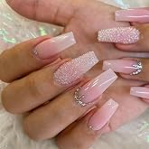 Coffin Press on Nails Medium Fake Nails with Rhinestones Gradient Designs Full Cover Nails Press ons Glossy Glue on Nails Pink Acrylic Nails White False Nails Cute Stick on Nails Women 24Pcs