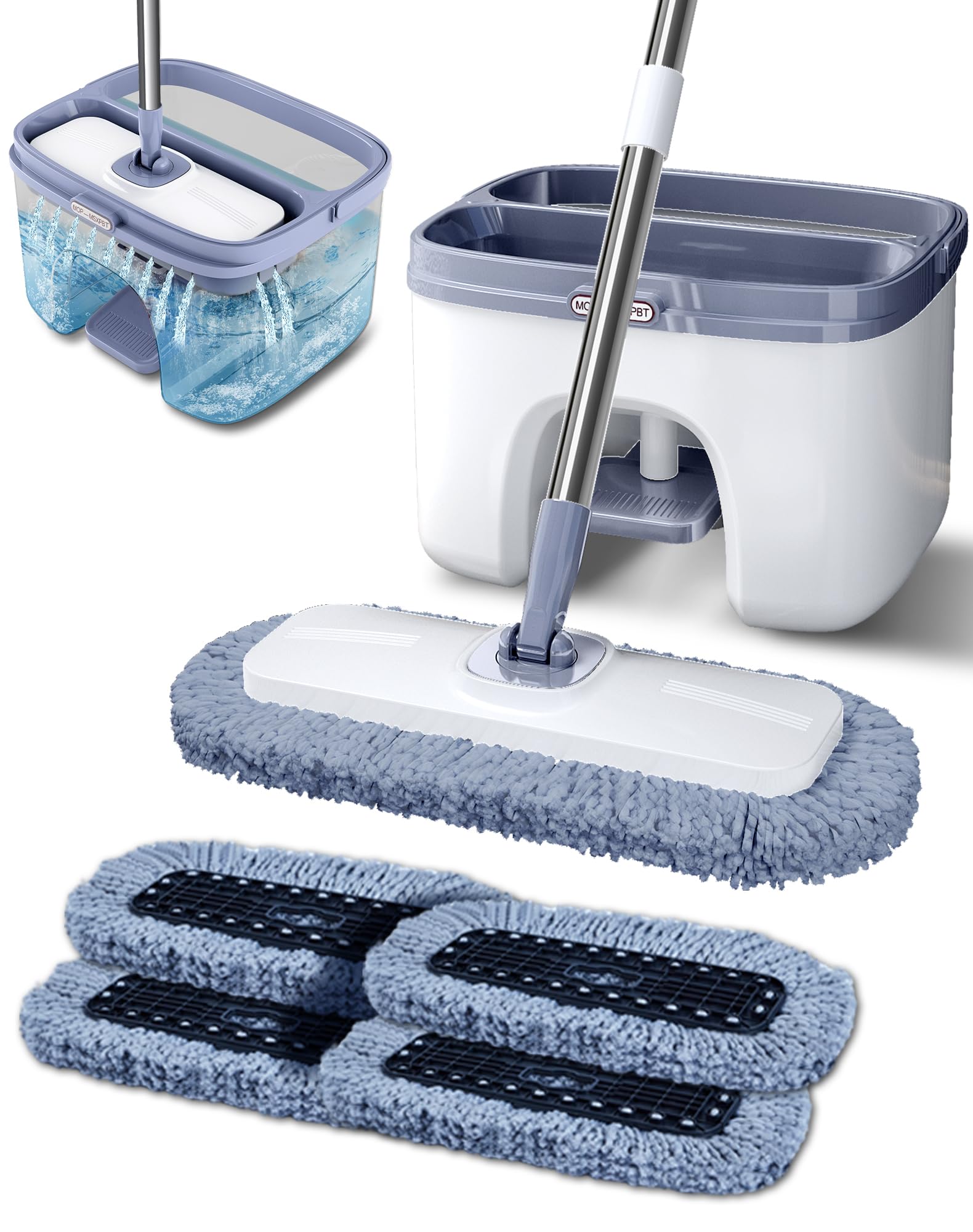 Photo 1 of Flat Microfiber Mop and Bucket Set with Wringer, 360° Spin Mop for Floor & Wall Cleaning, 17.7x9in Wide Head, 4 Washable Pads, Hands-Free