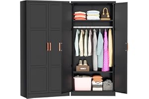 Greenvelly Metal Wardrobe Cabinet with Wooden Handle, 72" Black Metal Wardrobe Closet with Hanging Rods and Adjustable Shelves, Clothing Storage Closet Cabinet for Bedroom, Cloak Room, Laundry Room