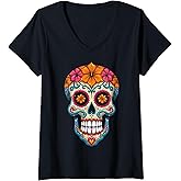 Womens Halloween Sugar Skull Calavera V-Neck T-Shirt