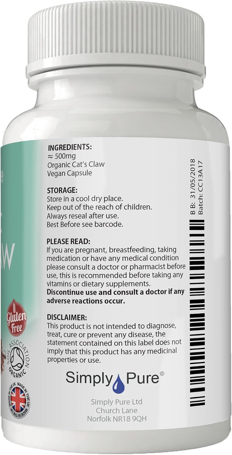 Simply Pure Organic Cat's Claw Capsules x 90, 500mg, 100% Natural Soil Association Certified, Gluten Free, GM Free and Vegan. - Image 4