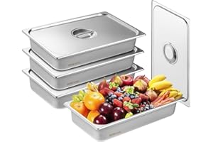 VEVOR 4 Pack Hotel Pans with Lids, Full Size Anti-Jam Steam Pan, 0.8mm Thick Stainless Steel Steam Table Pan, 4-Inch Deep Commercial Table Pan, Catering Storage Food Pan, for Industrial & Scientific