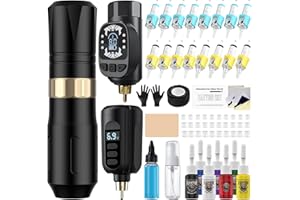 HAWINK Tattoo Gun Kit Wireless Tattoo Machine Pen Kit with 2 Batteries 16 Cartridge Needles 7 Ink Colors for Complete Rotary Tattoo Supply HW-TK1005-1