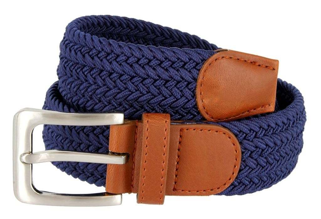 Mens Braided Elastic Fabric Woven Stretch Belt Leather Inlay Multi