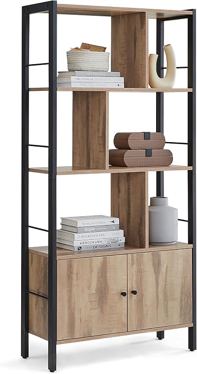 VASAGLE Bookshelf Storage Shelf 4 Shelves Doors Industrial Toasted Oak Black
