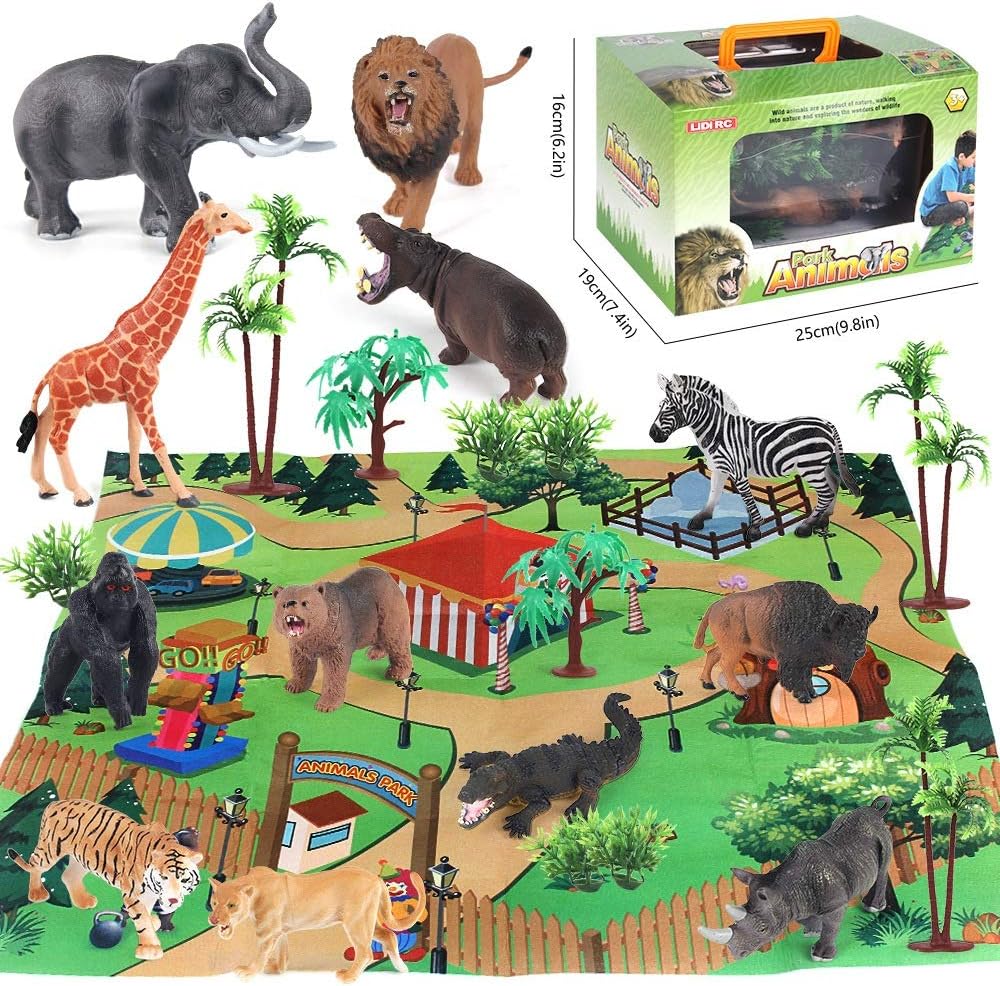 Safari Animals Figurines Toys, Activity Play Mat & Trees, 24 Piece