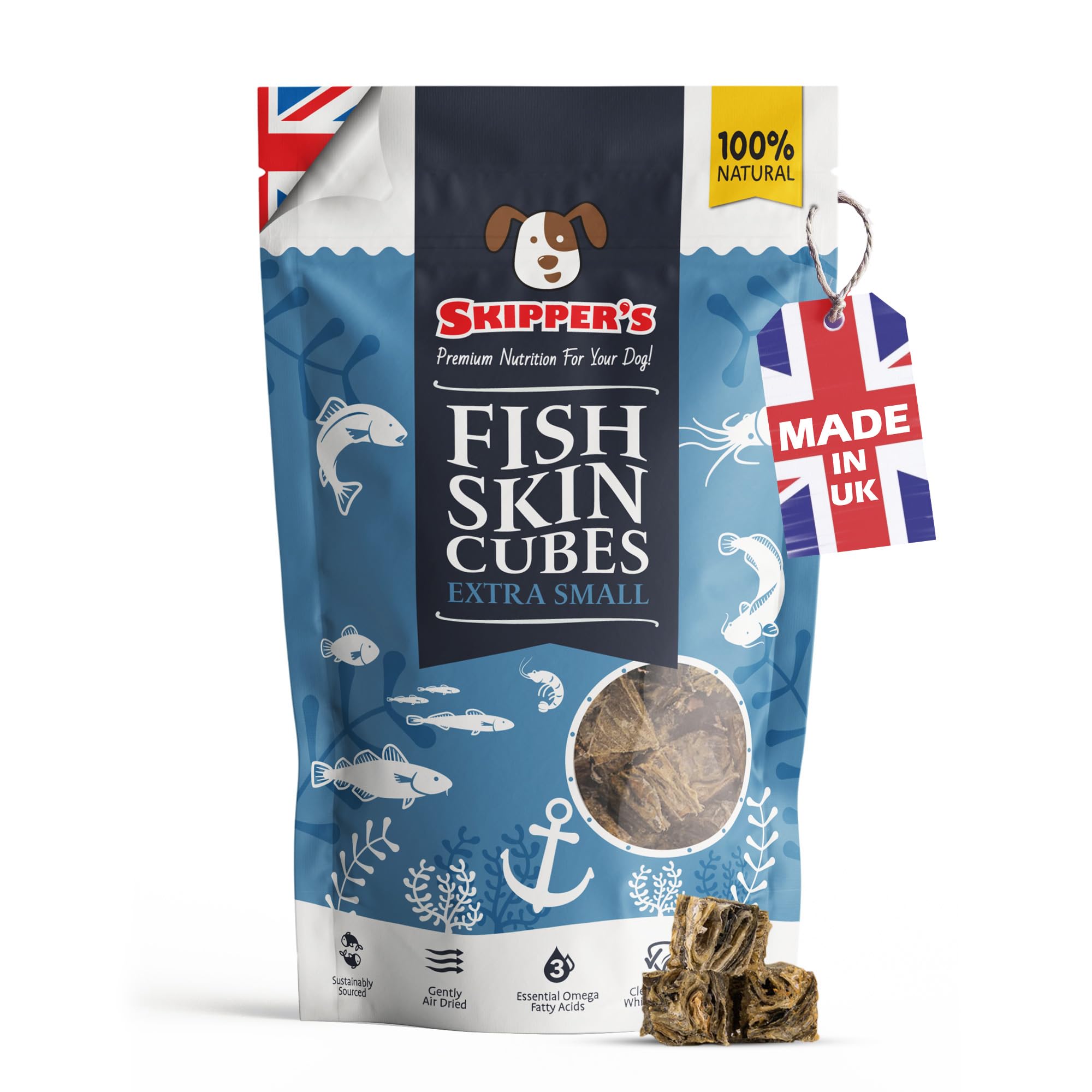 SKIPPER'S Fish Skin Jerky Cubes - Gently Air Dried Dog Treats, Healthy & Natural Treat for Dogs, Hypoallergenic Grain Free, High in Protein & Low Fat | Great for Teeth (Cube Size Extra Small,1kg Pack)