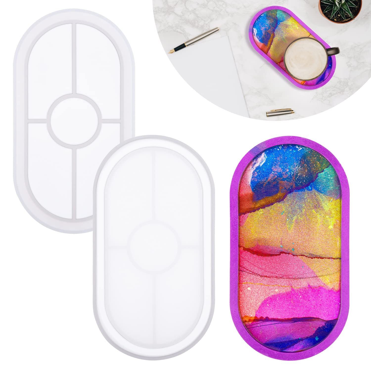 Photo 1 of 2 Pieces DIY Tray Silicone Resin Mold - Oval Jewelry Making Molds, Clear Epoxy Resin Casting Mold for DIY Jewelry Container Ring Trinket Storage Plate Mould with Resin, Handmade Soap Etc