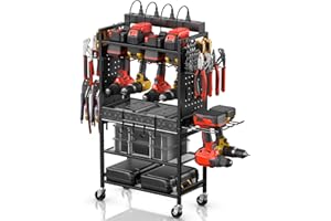 CCCEI Power Tool Organizer Cart with Charging Station, Garage Floor Rolling Storage Cart on Wheels for Mechanic, Mobile 6 Drill, Tool Box Utility Cart with Battery Charging Power Strip, Black