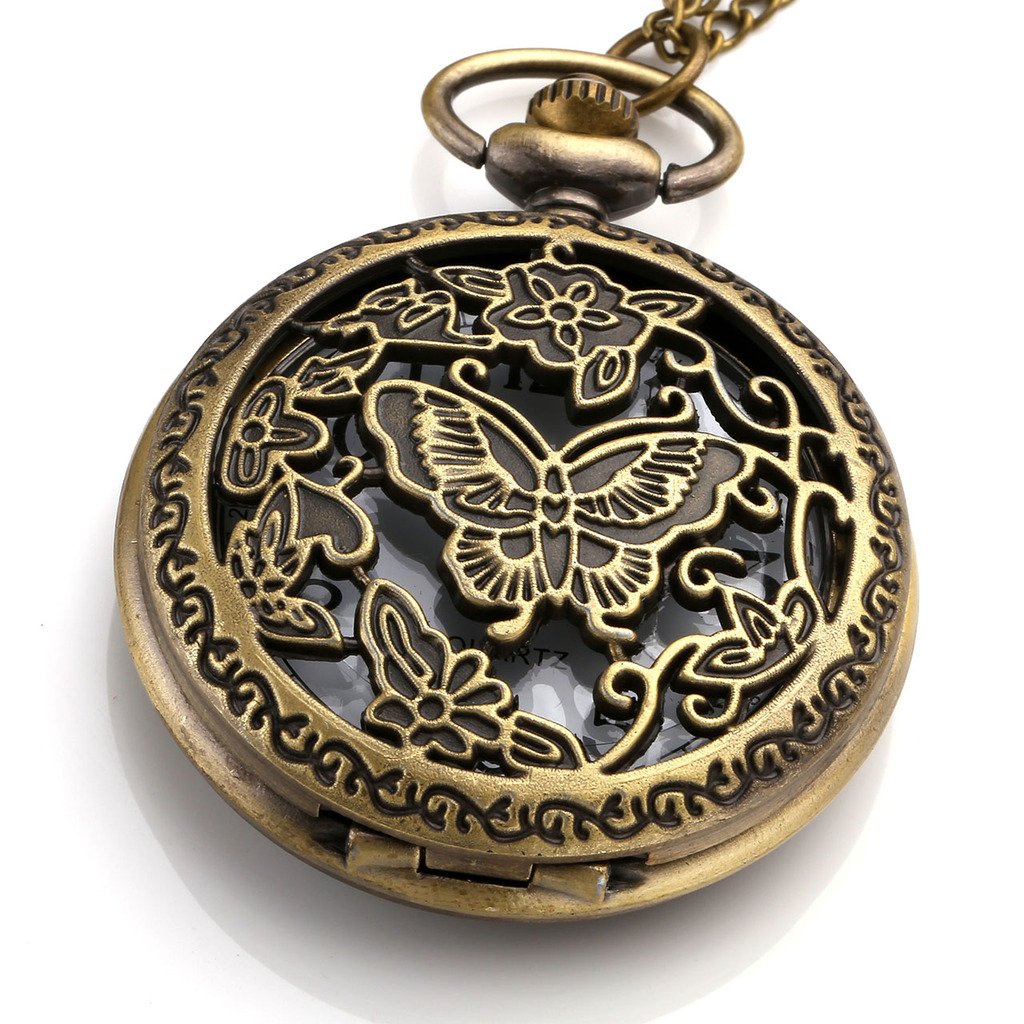 Top Plaza Vintage Bronze Antique Unisex Hollow Butterfly Carving Arabic Numeral Scale Quartz Pocket Watch with Chain