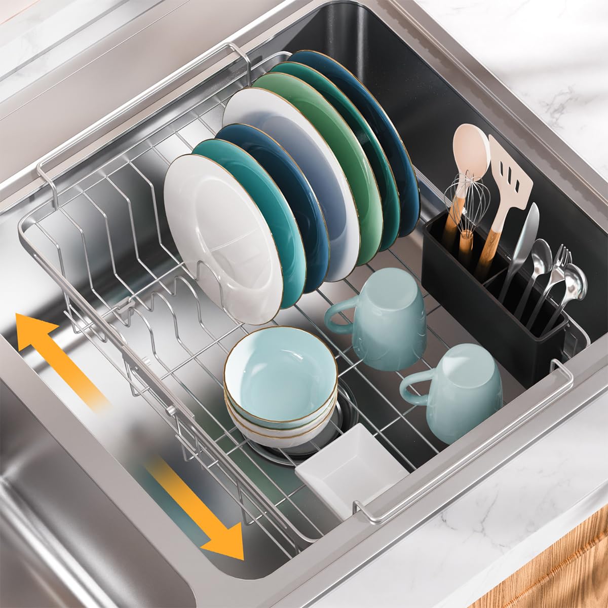Photo 1 of Homics Expandable in Sink Dish Drying Rack, Adjustable Capacity (10.5''-16'') Stainless Steel Over The Sink Dish Drying Rack, Dish Drainer for Kitchen Sink Counter with Utensil Holder
