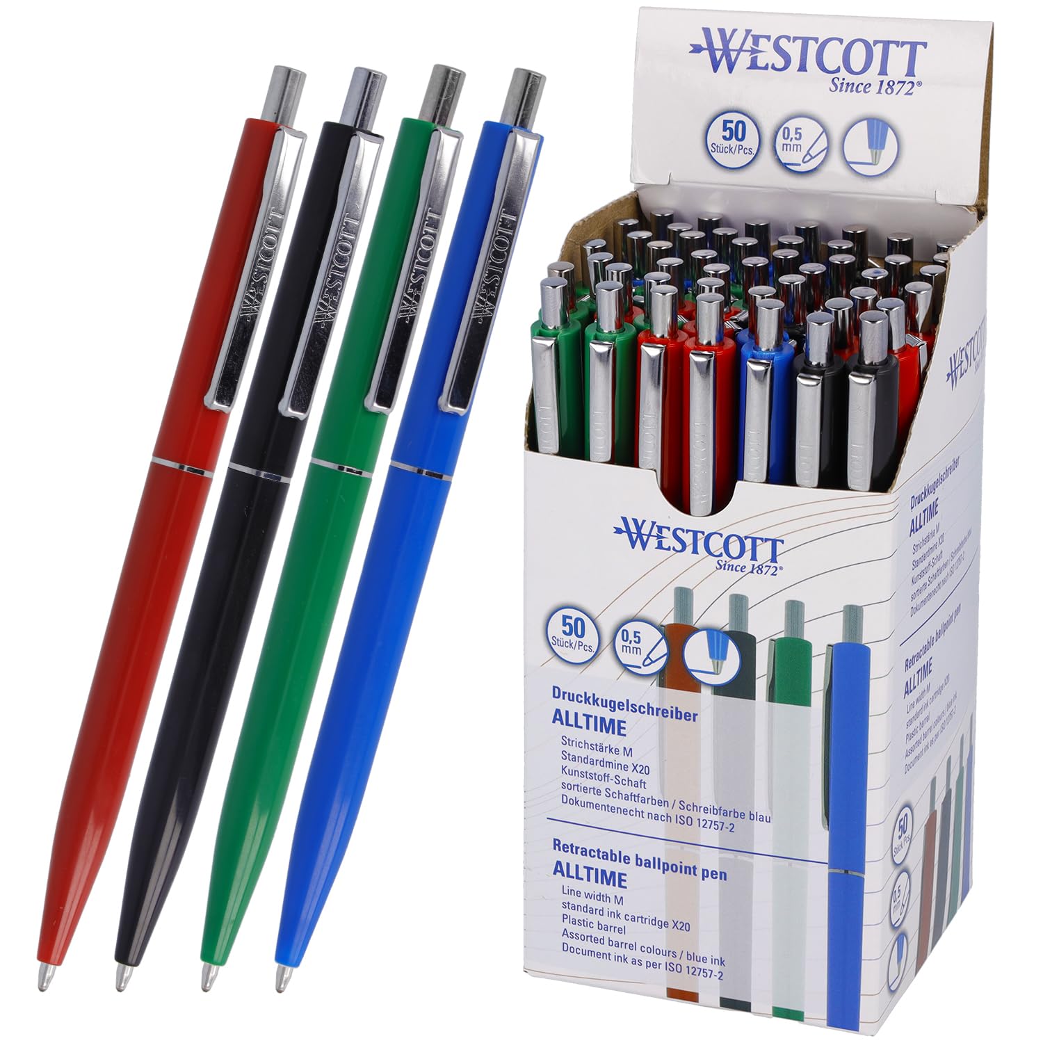 Westcott ballpoint pen ALLTIME mix 50 pieces | Retractable biro pens with blue ink | Line width M with X20 standard refill | Document-proof ISO 12757-2 | Sturdy metal clip | E-737487 00