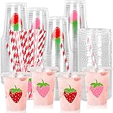FYSUIMU 50Pcs Strawberry Disposable Plastic Cups with Lids and Straws 12Oz Red Pink Cold Beverage Drinking Cups for Summer Wedding Birthday Baby Shower Party Supplies
