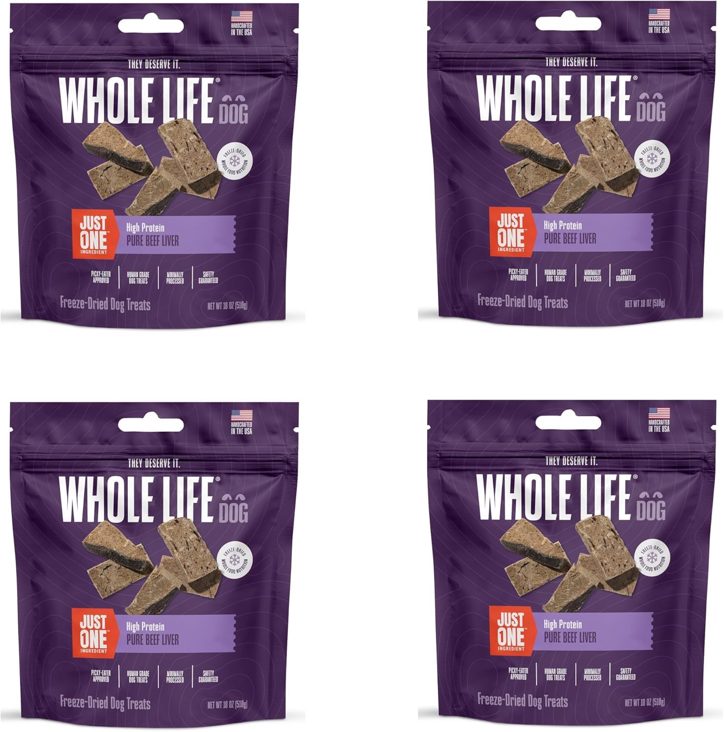 Whole Life Dog Just One Beef Liver Freeze Dried Dog Treats - Human Grade High Protein Food, Healthy Training Snacks, Freeze Dried Food Toppers, USA Made Natural Treats - 18 oz (Pack of 4) Image