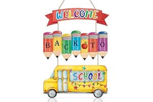 CHDITB Cute Welcome Back to School Sign Wall Hanging, Wooden Classroom Decoration with Apple Pencil Bus Cartoon, Colorful First Day of School Door Hanging for Classroom Kindergarten Preschool Daycare