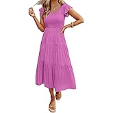 MEROKEETY Women's Summer 2026 Casual Midi Dress Flutter Sleeve V Neck Smocked Tiered Beach Vacation Dresses