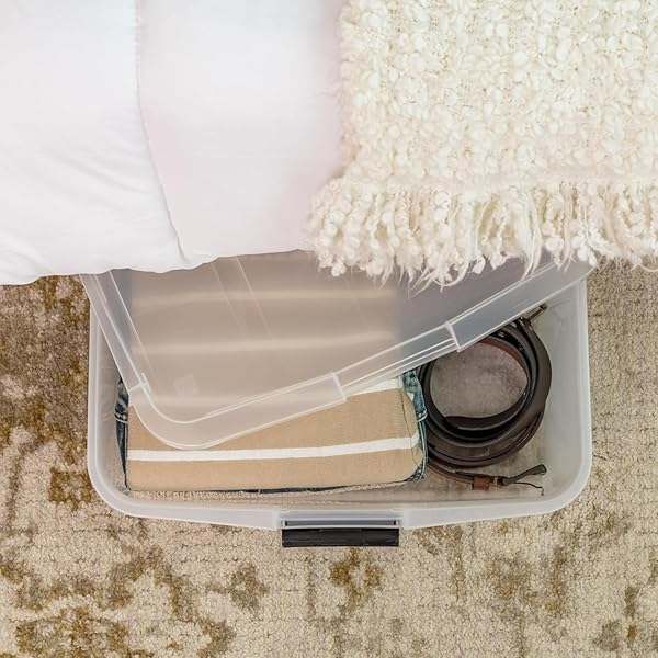 IRIS USA 33 QT PLASTIC UNDER BED STORAGE ORGANIZER BIN CONTAINER WITH SECURE LIDS AND DURABLE BLACK BUCKLES, MULTI-PURPOSE FOR CLOTHES, SHOES, CLOTHING, AND BEDDING, SHORT, CLEAR, 3 PACK