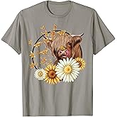 Highland Cow with Sunflower Daisies Butterflies Farm Western T-Shirt