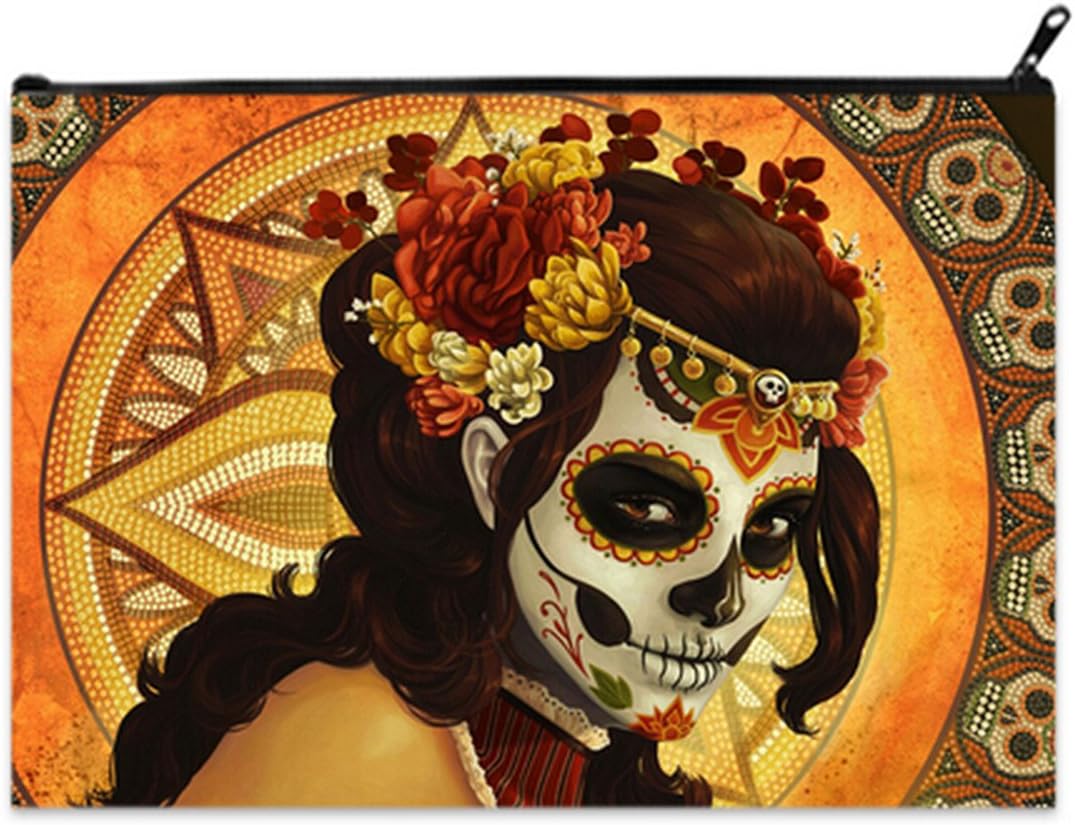 Female X-Large Size Cosmetic Makeup Bag Coin Purse Pouch Cash Bags With Day of the Dead Sugar Skull Girl Print X-Large Size