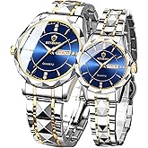 yunanwa Valentines Couple Pair Watches Men and Women Luminous Calendar Waterproof Gold Silver Stainless Steel Quartz Watch Blue Face his and Hers Watches Set Lovers Set of 2