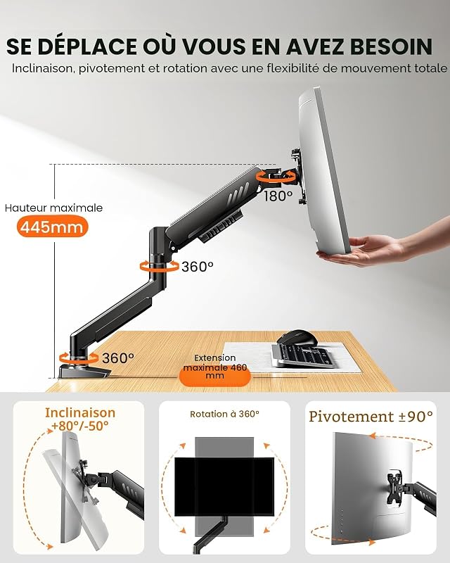 Support Ecran PC pour Écrans 13-34 Pouces [Version Améliorée - Fini l'Affaissement] Bras Ecran PCà Montage Rapide jusqu'à 9kg, avec Gestion de Câbles pour Bureau et Gaming, VESA 75 & 100 mm