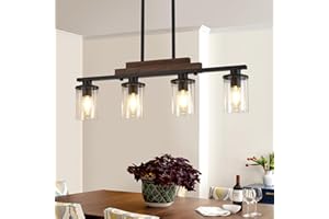 VBITMN Pendant Lights Kitchen Island, 4-Light Farmhouse Chandeliers for Dining Room, Black Linear Chandelier with Clear Glass Shades, Modern Rustic Wood Chandelier with Adjustable Height