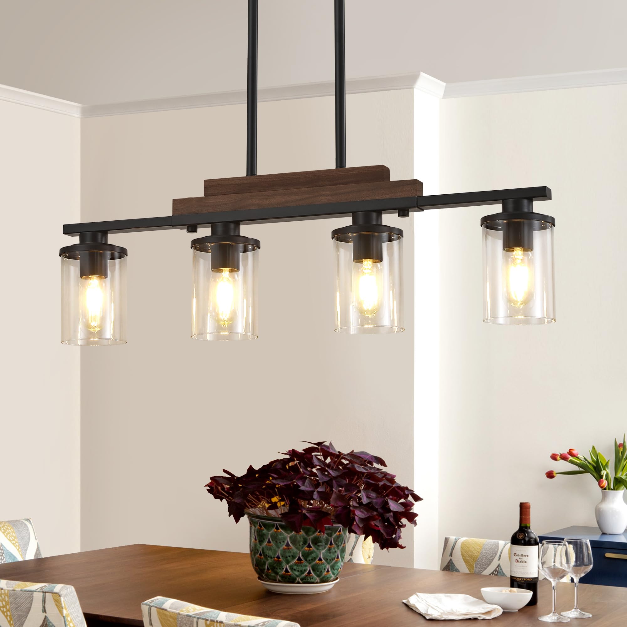 Photo 1 of Pendant Lights Kitchen Island, 4-Light Farmhouse Chandeliers for Dining Room, Black Linear Chandelier with Clear Glass Shades, Modern Rustic Wood Chandelier with Adjustable Height