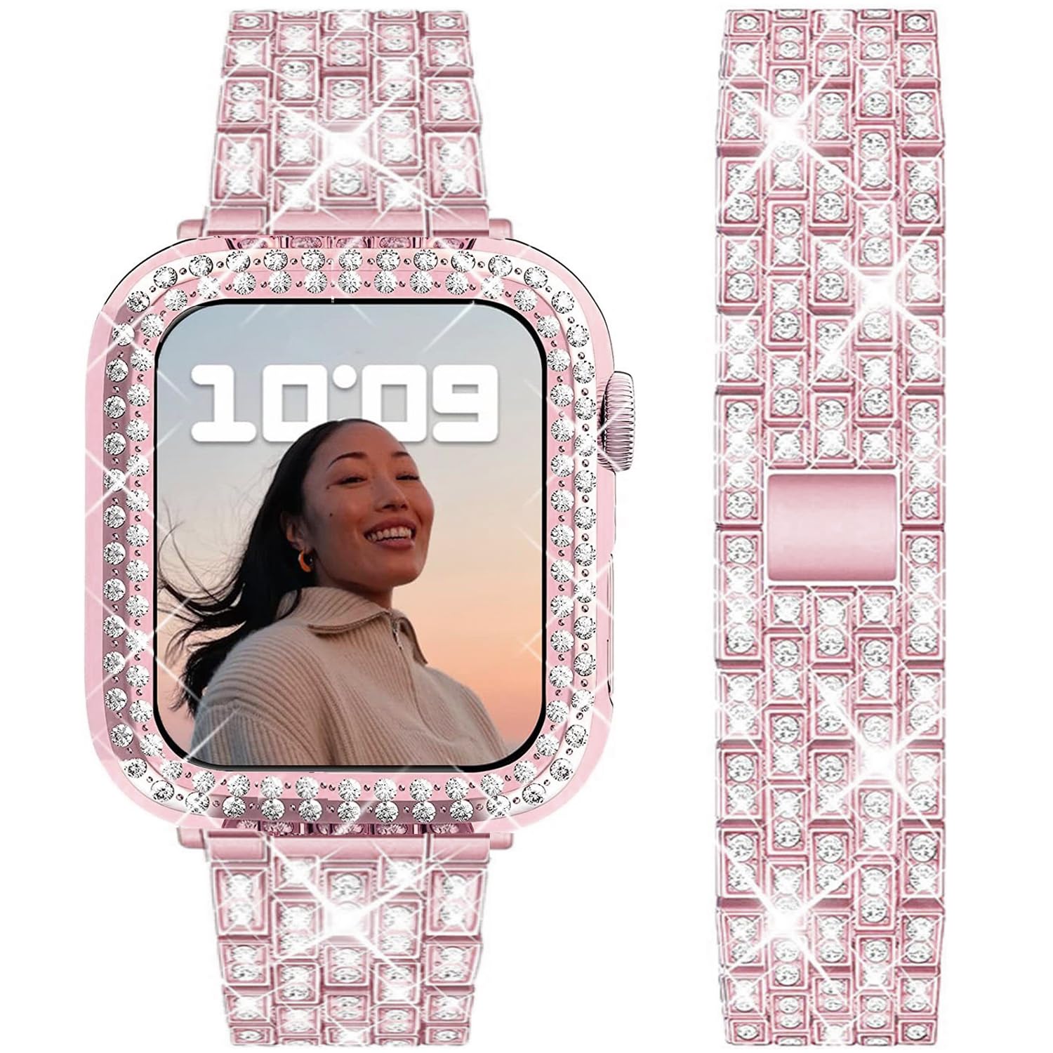 DEALELE Bracelet Compatible with iWatch 40 mm 44 mm 41 mm 45 mm 49 mm, Glitter Rhinestone Diamond Metal Bracelets with Protective Case Replacement for Apple Watch Series 9/8/7/6/5/4/SE/Ultra Women Men