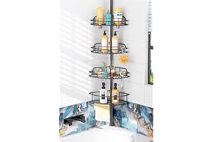 HAMITOR Corner Shower Caddy Tension Pole: 4-Tier Stainless Steel Bathroom Organizers Shelves, High Capacity Bathroom Storage 