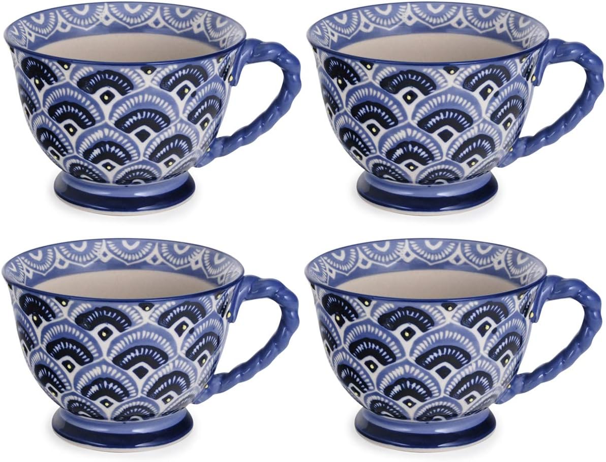 Attractive Ceramic Stoneware Set of 4 Coffee Latte Mug Tea Cup with Spiral Handle Attractive Floral Designs 14 Fl oz 4pcs Pack (Peacock)