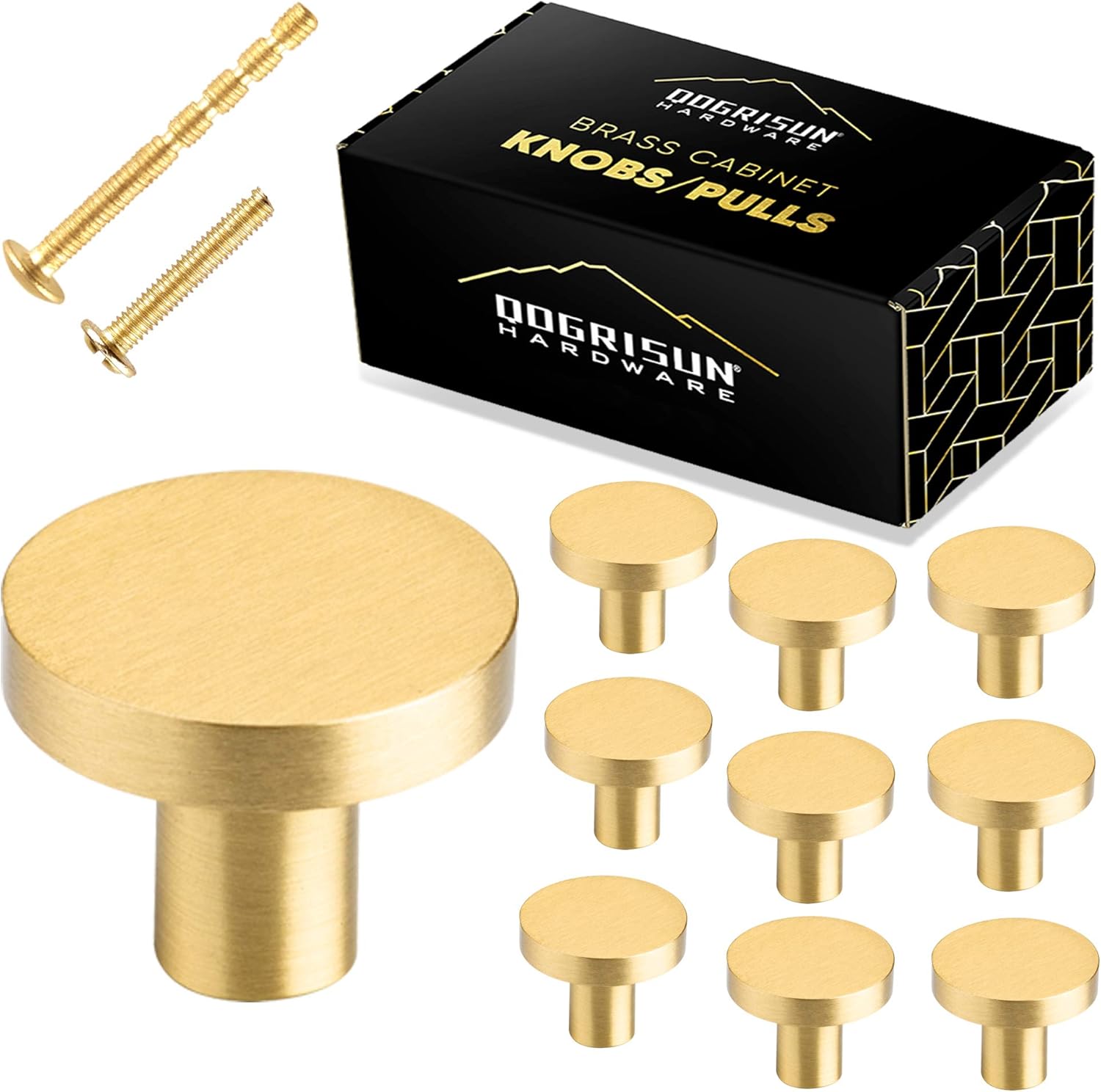 QogriSun 10-Pack Solid Brass Cabinet Knobs, 1-Inch Diameter, Round Gold Decorative, Mid Century Modern Copper Kitchen Hardware, Drawer Pulls, Dresser Handles, Brushed Finish