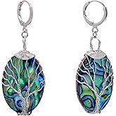Abalone Shell Tree of Life Dangle Leverback Earrings for Women, Oval Shaped/Iridescent Color