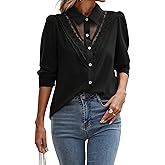 OYOANGLE Women's Lace Sheer Button Down Puff Long Sleeve Blouse Business Casual Dressy Tops