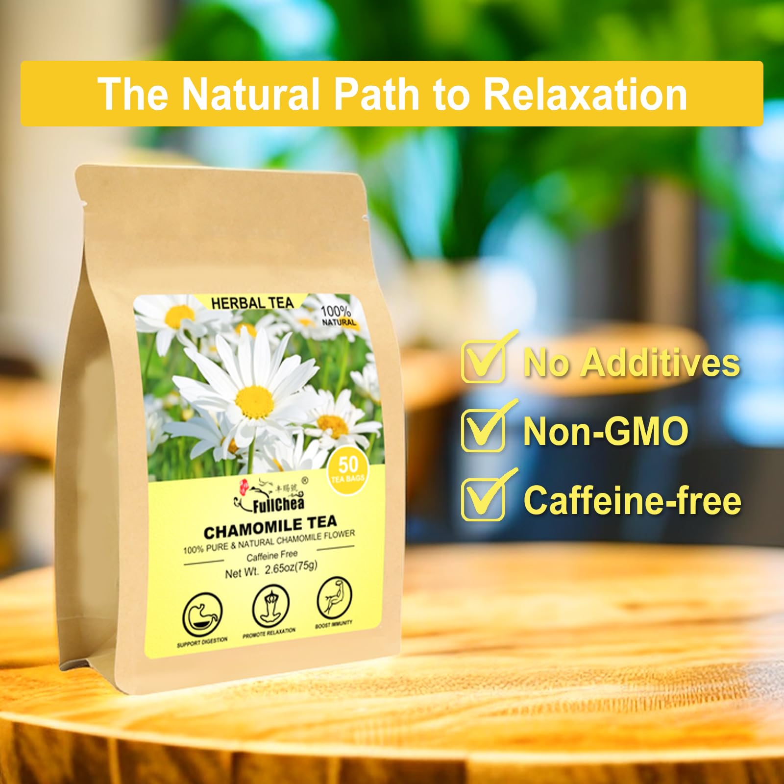 FullChea - Chamomile Tea bags, 50 Teabags - Pure & Natural Chamomile Flower Herbal Tea for Relaxation - Non-GMO - Caffeine-free - Support Digestion & Boost Immune System