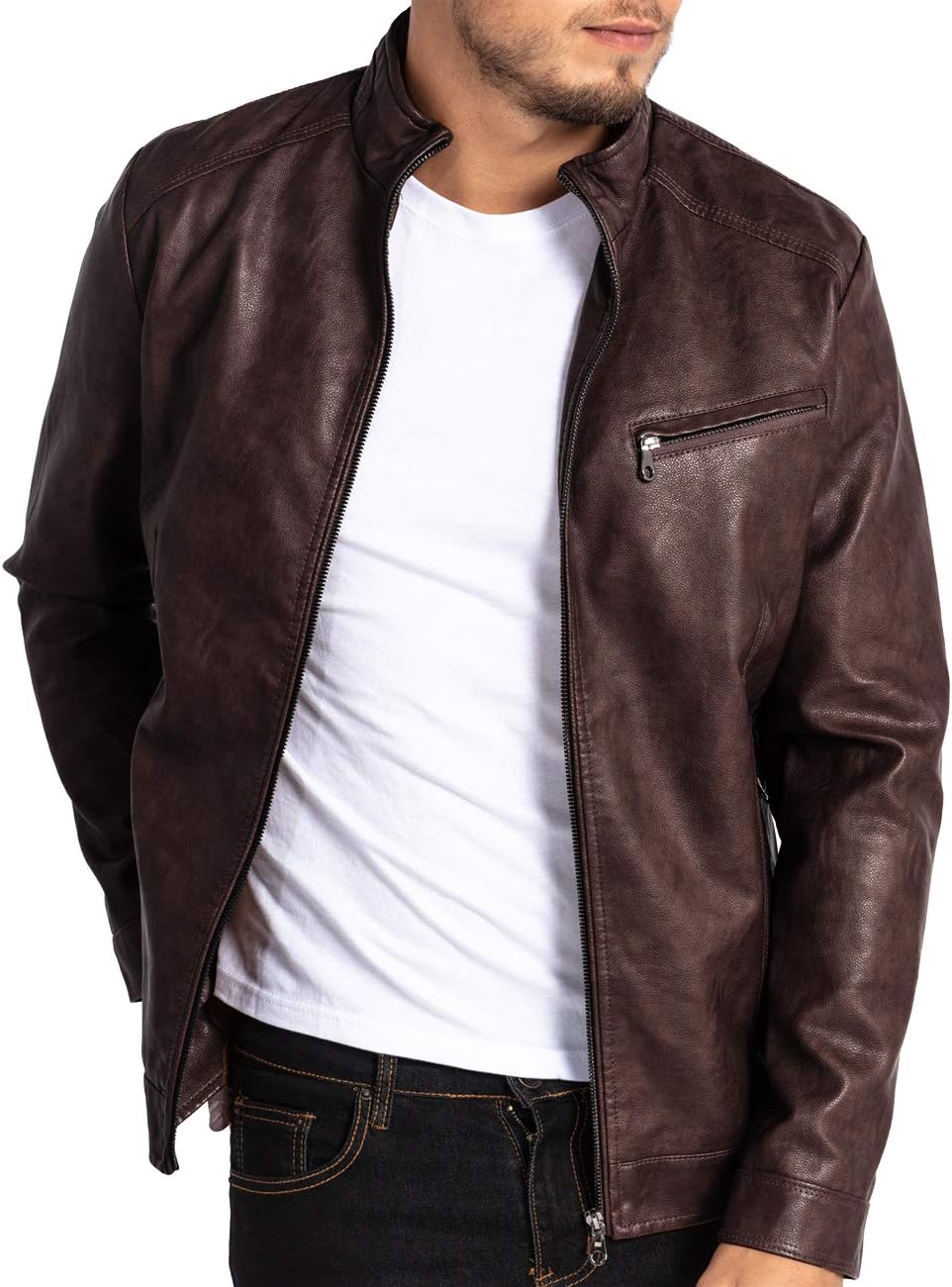 VICALLEDMens Leather Jacket Slim Fit Stand Collar PU Motorcycle Jacket Lightweight