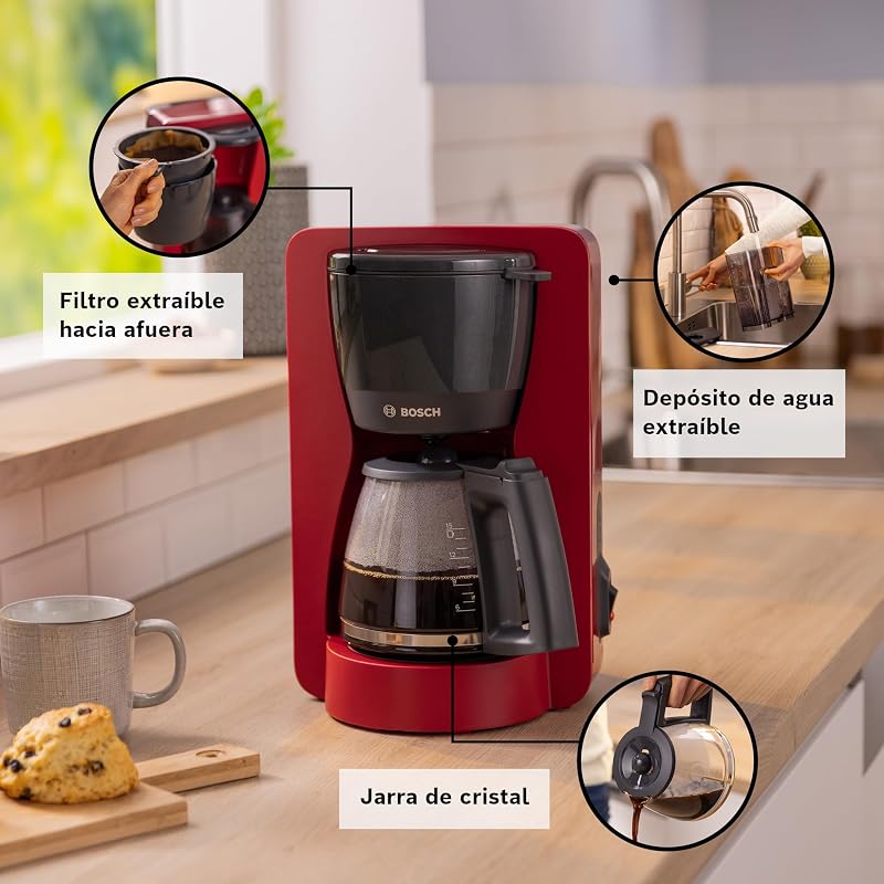 - Máquina de café de gotejamento, garrafa ergonómica de vidro, depósito de água removível, filtro removível, desligamento automático, antigotejamento, vermelho, TKA2M114