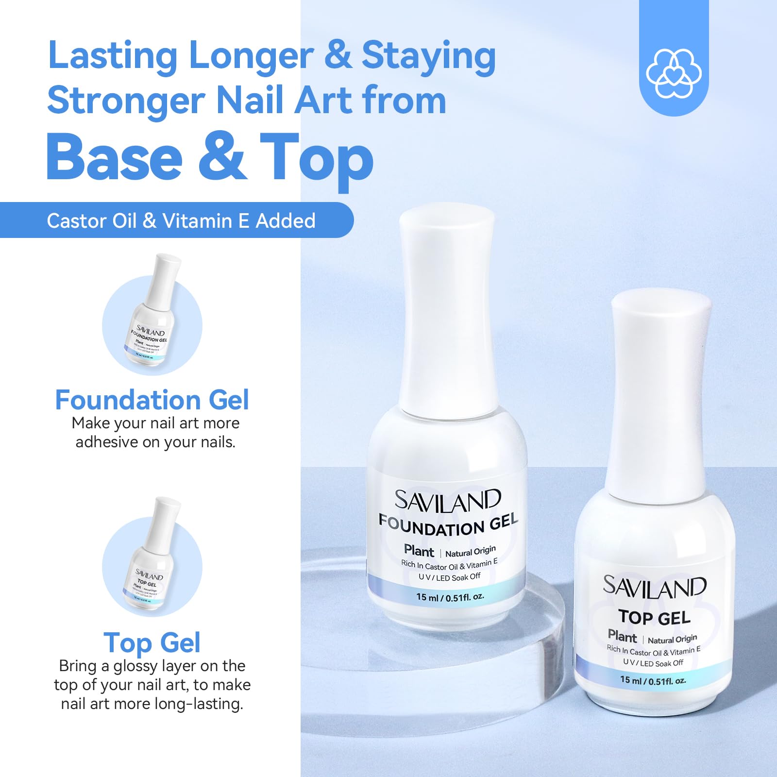 SAVILAND Clear Builder Nail Gel Kit in a Bottle: 3 Pcs 15ml Vitamin E Ingredient Builder Nail Gel Base & Top Gels with Castor Oil Hard Gels for Nails Strengthener Extension Repair Nail Art Home Salon - Image 4