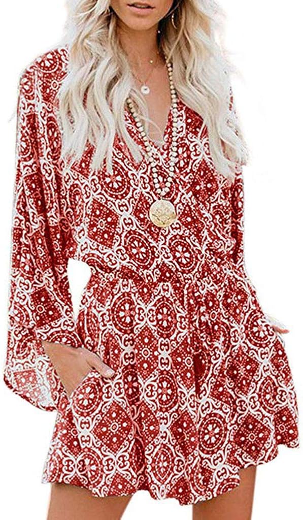 STORTO Womens Summer Jumpsuit Ladies Causal Long Sleeve V Neck Boho Rompers Playsuit Holiday Mini Jumpsuit Bodysuits: Clothing