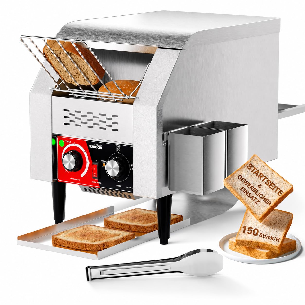 WantJoin Gewerblicher Durchlauftoaster – Elektrisches Gerät für 150 Scheiben/Stunde (Toast, Hamburger-Brötchen, Brot) Robuster Edelstahl-Toaster für Camping Restaurants, Bäckereien und Buffets