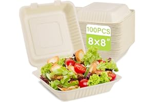 greensight Clamshell Take Out Food Containers 8X8, 100 Pack Compostable To Go Containers, Disposable To Go Food Boxes, Eco-Friendly Made From Sugarcane Fibers