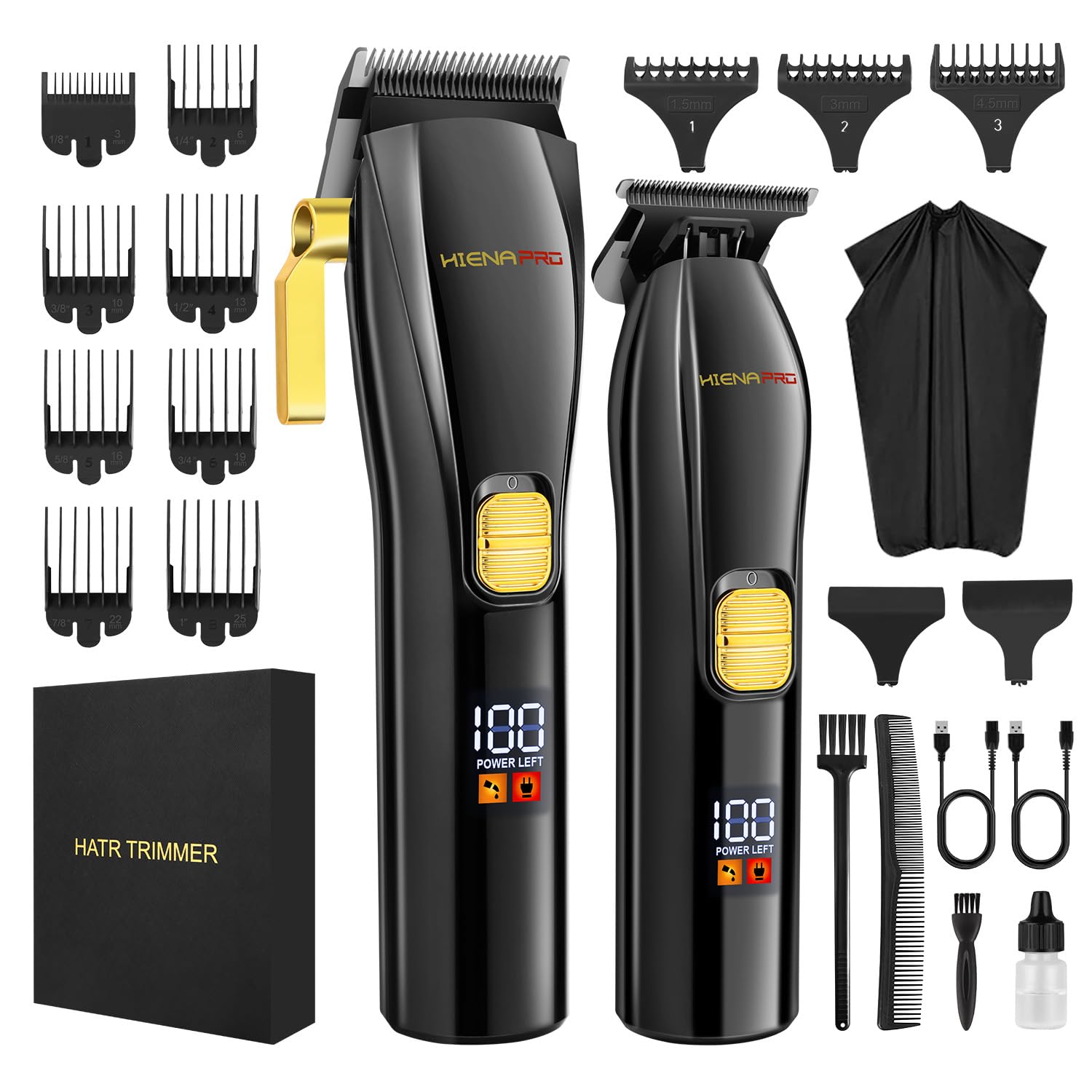 HIENA PRO Professional Hair Clippers and T-Blade Trimmer Kit for Men Cordless Complete Barber Kit Hair Cutting Kit with LCD Display & USB Rechargeable (Black)