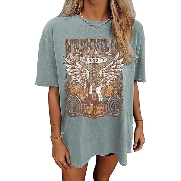 open lace back dress Nashville Music City T-Shirt Women Country Music Oversized Shirts Rock Band  Tshirt Vintage Guitar Wings Graphic Tees(Beige-5,Small) at Amazon Women's  Clothing store