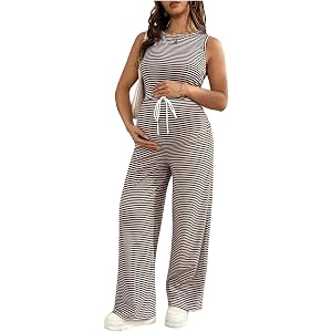 SHENHE Women's Maternity 2 Piece Summer Outfits Striped Crew Neck Tank Top and Pants Lounge Set