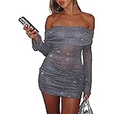 Ekaliy Women’s Sexy Off Shoulder Sparkly Mini Dress Long Sleeve Ruched Bodycon Dress Mesh Sheer Party Club Dresses