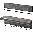 MyGift 2-Piece Wall Mounted Ash Gray Wood Hanging Jewelry Organizers with 12 Hooks, Bracelet & Necklace Bar and Shelf
