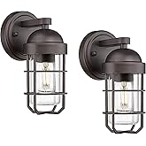 Emliviar Farmhouse Outdoor Wall Sconces, 2 Pack Vintage Exterior Light Fixtures with Nautical Metal Cage and Tempered Glass, 